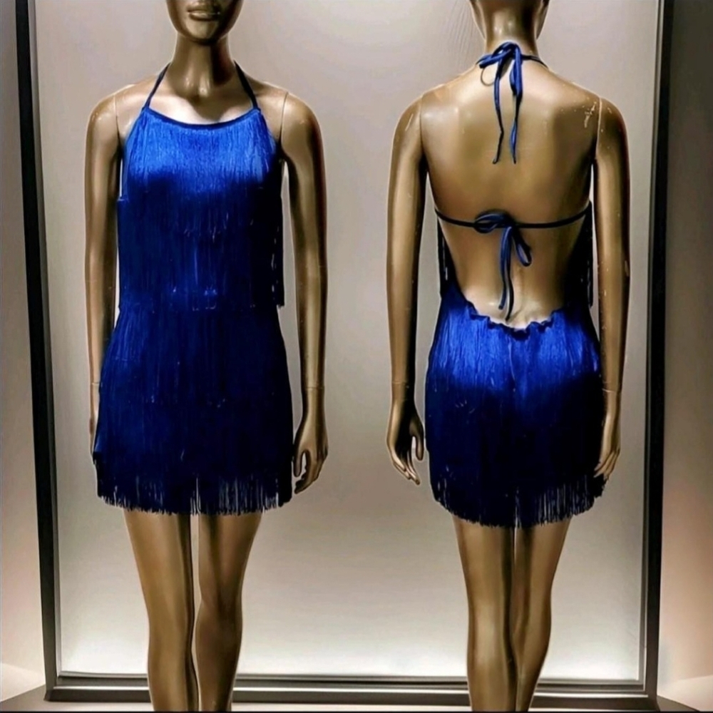 NWT Sexy Blue Halter Backless Allover Fringe Rave Festival Romper Sz L